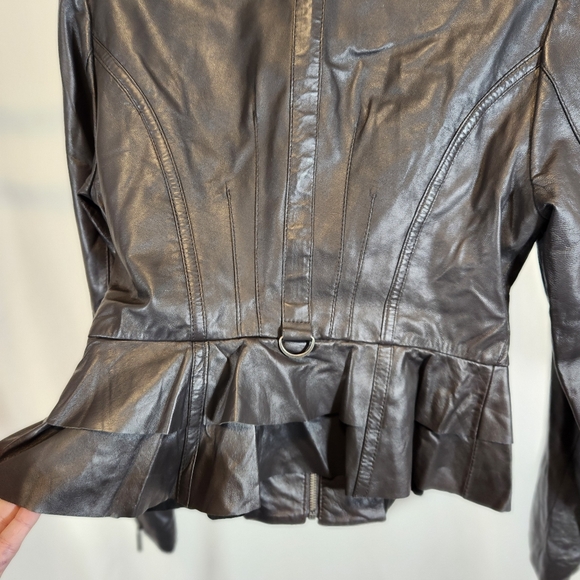 Blanc Nior Black Leather Ruffle Trim Jacket Sz Medium - Picture 7 of 11